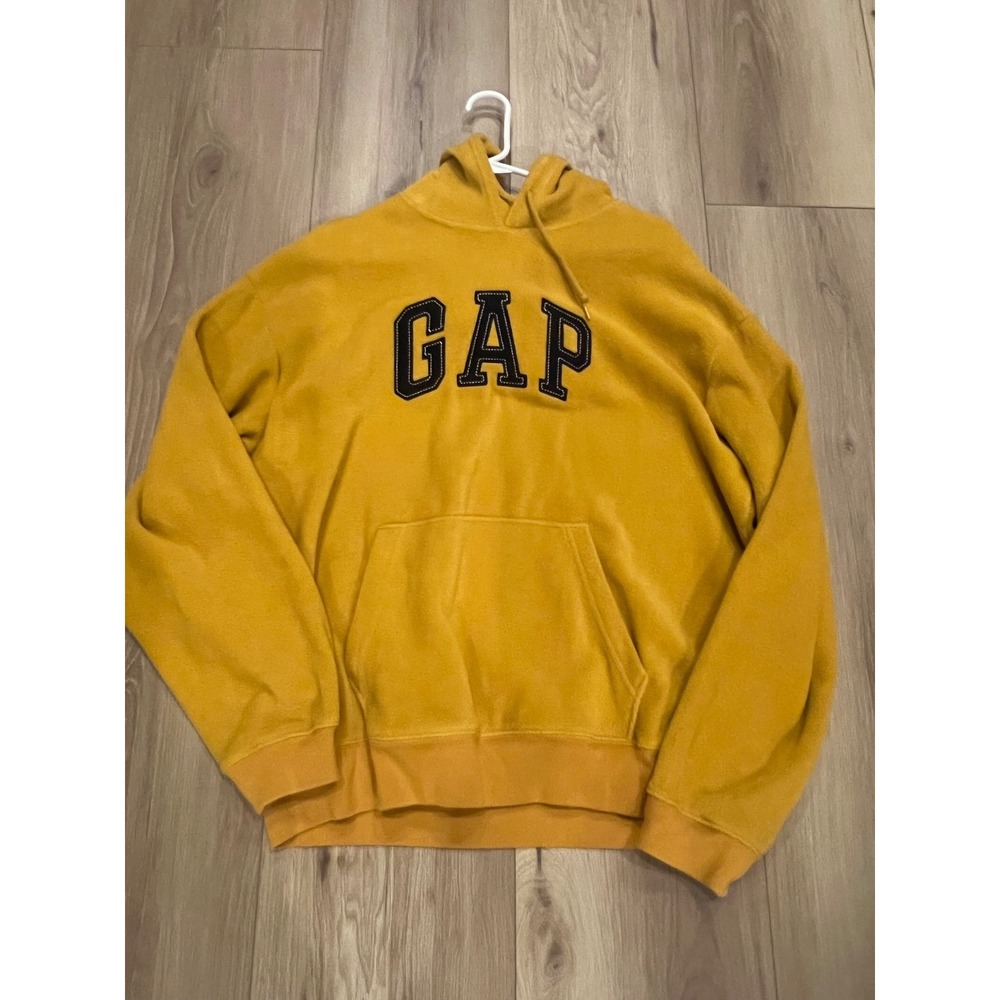 GAP Large Mens Mustard Yellow Logo Pullover Hoodie Black Spellout 100% Polyester